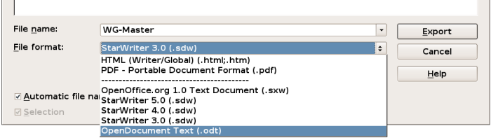 Exporting a master document to an OpenDocument Text (.odt) file