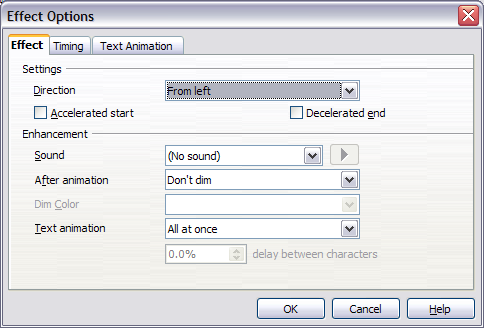 Effect option settings for a direction effect