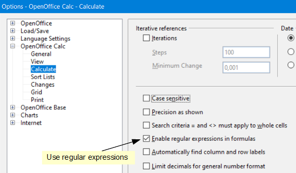 izbor uporabe regularnih izrazov v funkcijah Calc