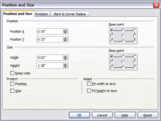 Position and Size dialog