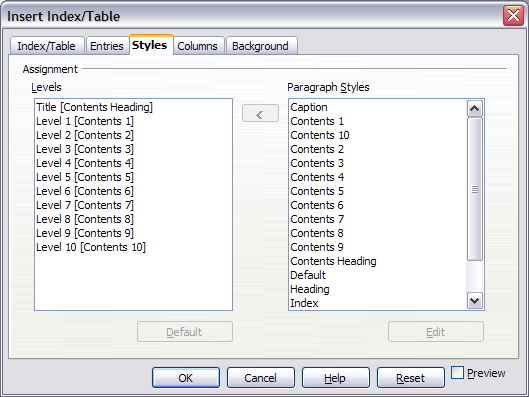 Styles page of Insert Index/Table dialog box