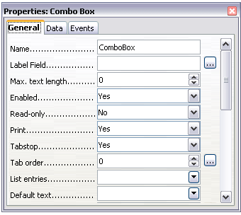Control Properties dialog box