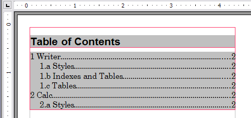 Table of contents with numbers