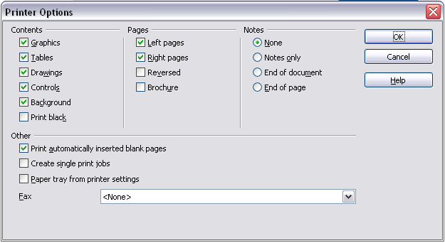 Printer Options dialog box