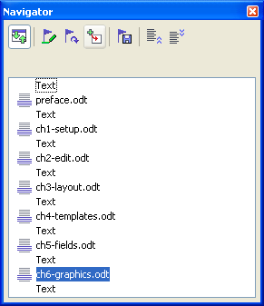 Navigator showing a series of files and text sections