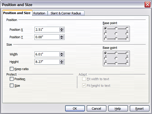 Position and Size dialog