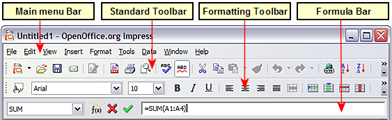 Menu bar and formatting toolbar in spreadsheet editing mode