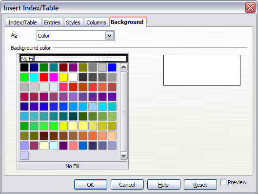 Background page of Insert Index/Table dialog box