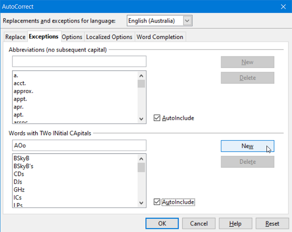 Figure 4: Exceptions tab of AutoCorrect dialog