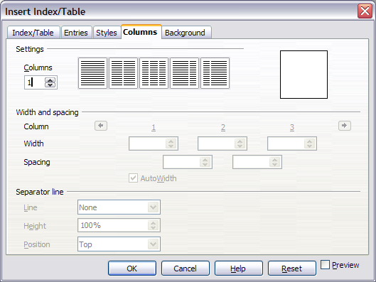 Columns page of the Insert Index/Table dialog box