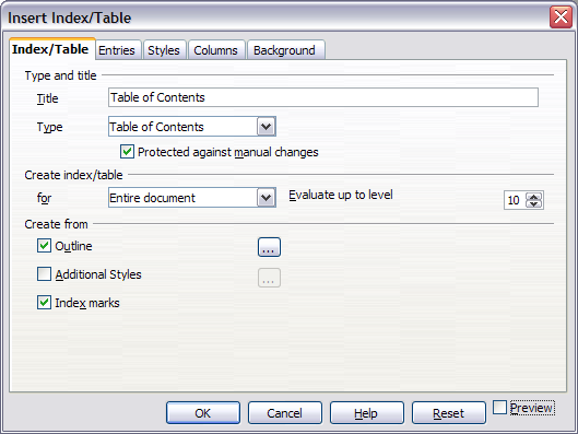 Index/Table page of Insert Index/Table dialog box