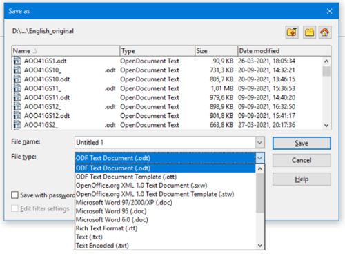 Figure 2: The OpenOffice Save As dialog, showing some of the Save formats
